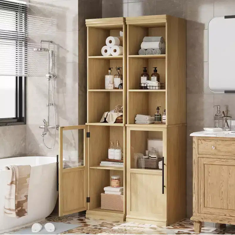Tall Storage Cabinet with Glass Door, 70 Bathroom Storage Cabinet with Adjustable Shelves for Small Spaces