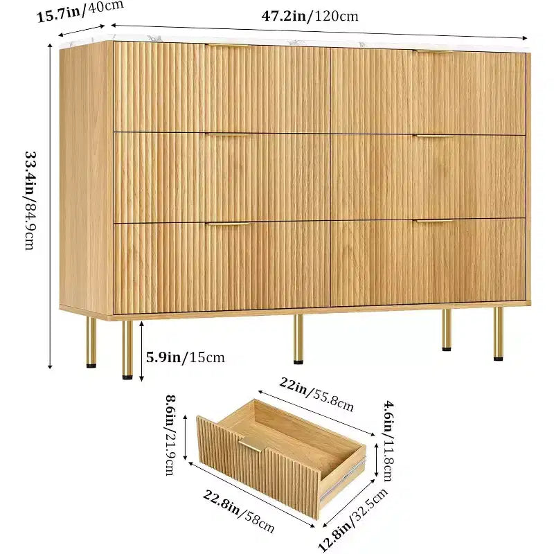 COZONY 6-Drawer Dresser with Fluted Design, Modern Wood Storage Cabinet, Wide Drawer Chest for Bedroom Living Room Entryway