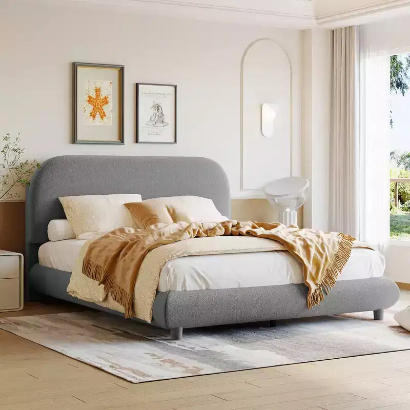 Bellemave Teddy Fleece Full Size Upholstered Platform Bed with Thick Fabric, Solid Frame and Stylish Curve-shaped Design, Gray