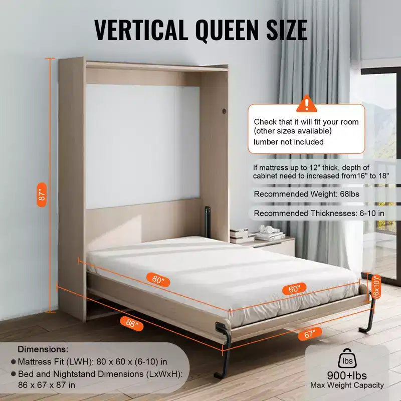 VEVOR Murphy Bed Kit,Queen Size,Vertical Deluxe DIY Wall Bed Mechanical Hardware Kit, Pneumatic Lever Heavy Duty Bed Frame Support, Folding Bed ,Black