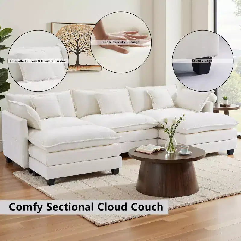 EHMKNP 3-Seat U-Shaped Modern Cloud Couch - Chenille Modular Sectional with Deep Seat, 2 Ottoman & 4 Pillows for Home/Apartment Spaces
