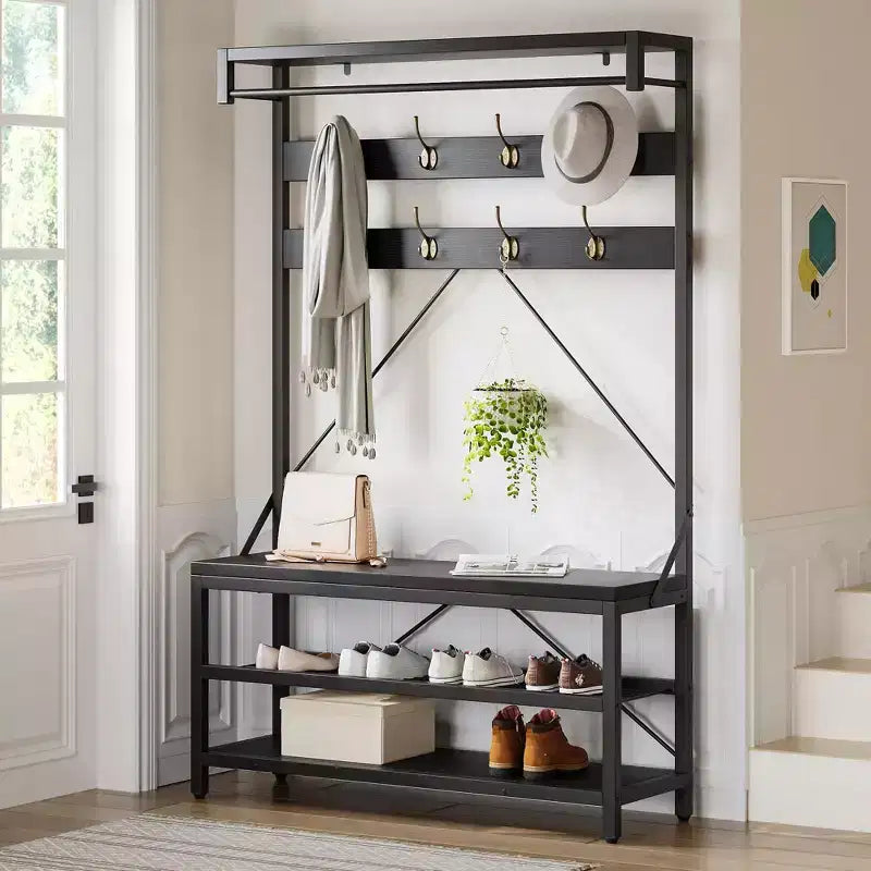 72 Tall Coat Rack & Shoe Bench  Industrial Entryway Storage with Shelf & Hooks