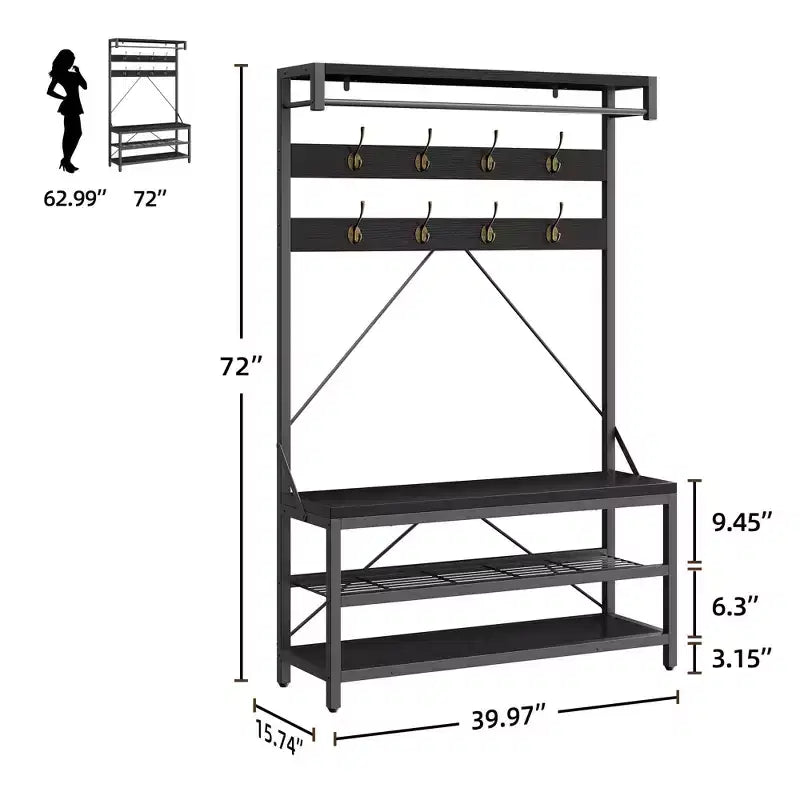 72 Tall Coat Rack & Shoe Bench  Industrial Entryway Storage with Shelf & Hooks