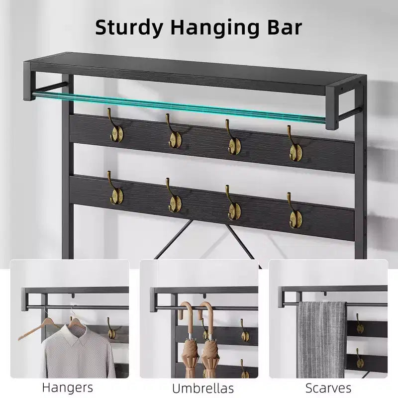 72 Tall Coat Rack & Shoe Bench  Industrial Entryway Storage with Shelf & Hooks
