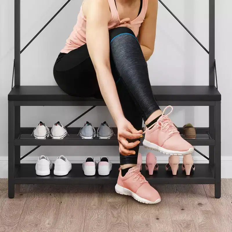 72 Tall Coat Rack & Shoe Bench  Industrial Entryway Storage with Shelf & Hooks
