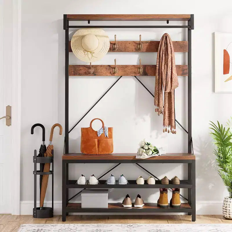 72 Tall Coat Rack & Shoe Bench  Industrial Entryway Storage with Shelf & Hooks