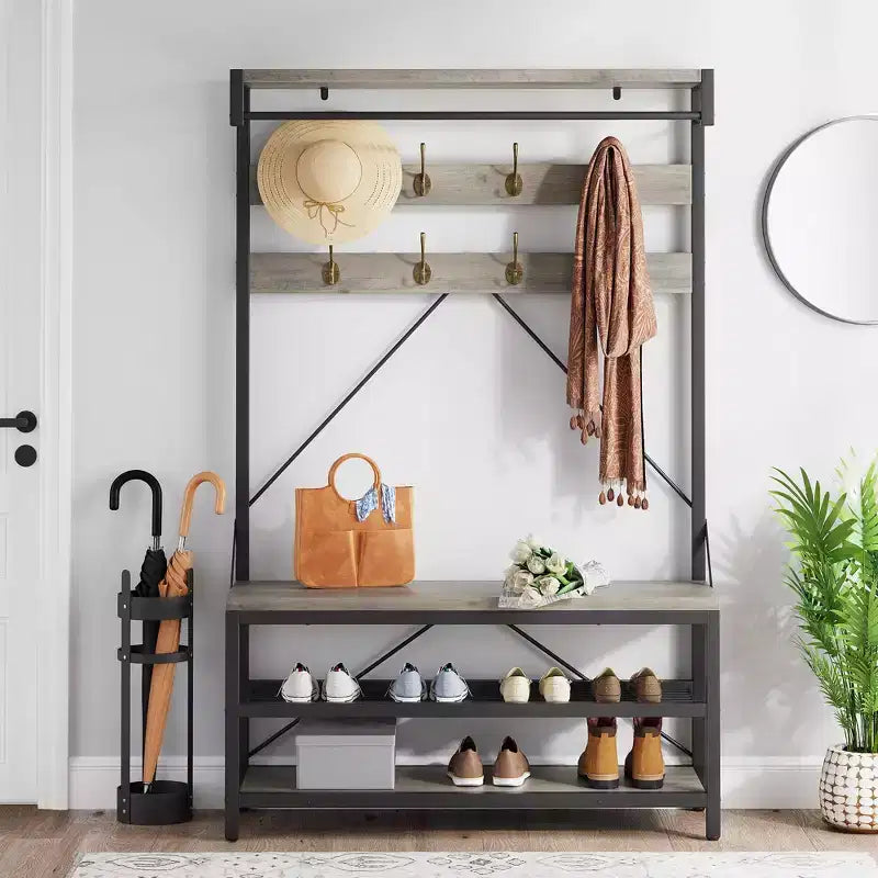 72 Tall Coat Rack & Shoe Bench  Industrial Entryway Storage with Shelf & Hooks