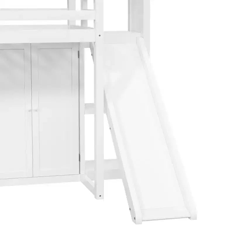 Twin Size Wood Loft Bed with Wardrobe, Storage Shelves, Slide & 7-Color LED Lights, Sturdy Pine/MDF Frame, White - ModernLuxe