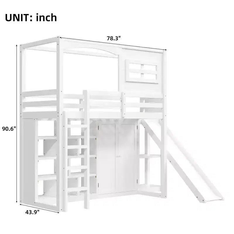 Twin Size Wood Loft Bed with Wardrobe, Storage Shelves, Slide & 7-Color LED Lights, Sturdy Pine/MDF Frame, White - ModernLuxe