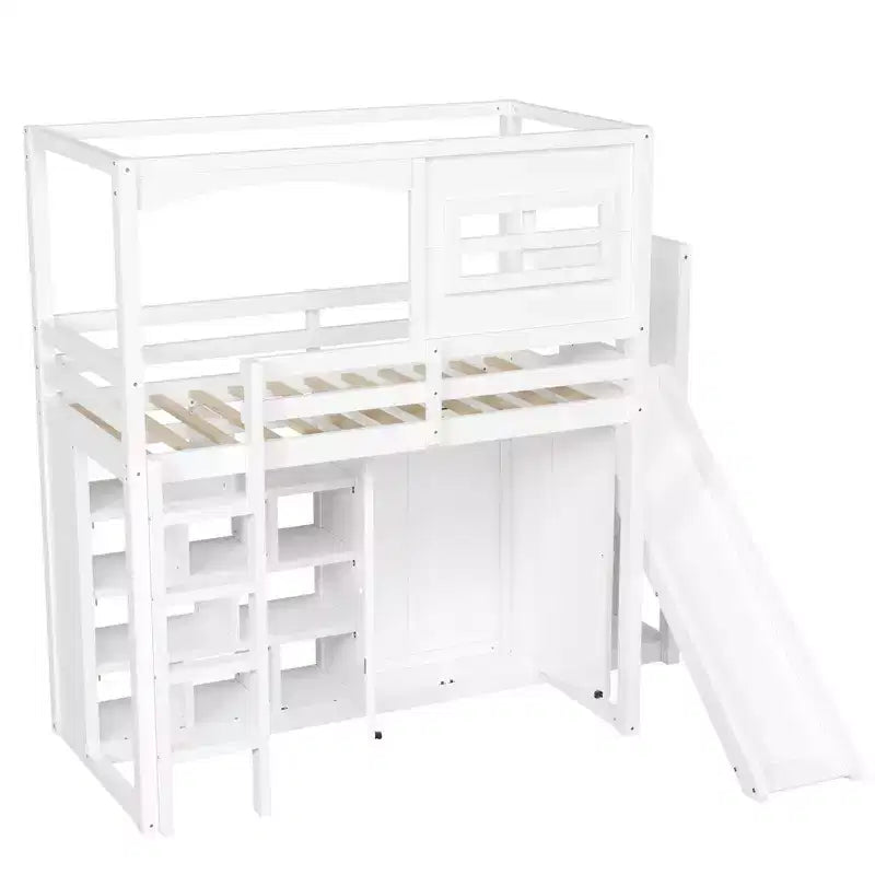 Twin Size Wood Loft Bed with Wardrobe, Storage Shelves, Slide & 7-Color LED Lights, Sturdy Pine/MDF Frame, White - ModernLuxe