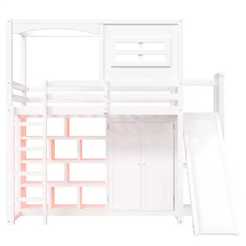 Twin Size Wood Loft Bed with Wardrobe, Storage Shelves, Slide & 7-Color LED Lights, Sturdy Pine/MDF Frame, White - ModernLuxe