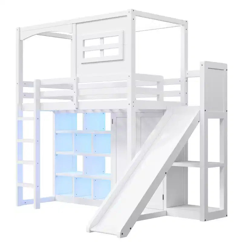 Twin Size Wood Loft Bed with Wardrobe, Storage Shelves, Slide & 7-Color LED Lights, Sturdy Pine/MDF Frame, White - ModernLuxe