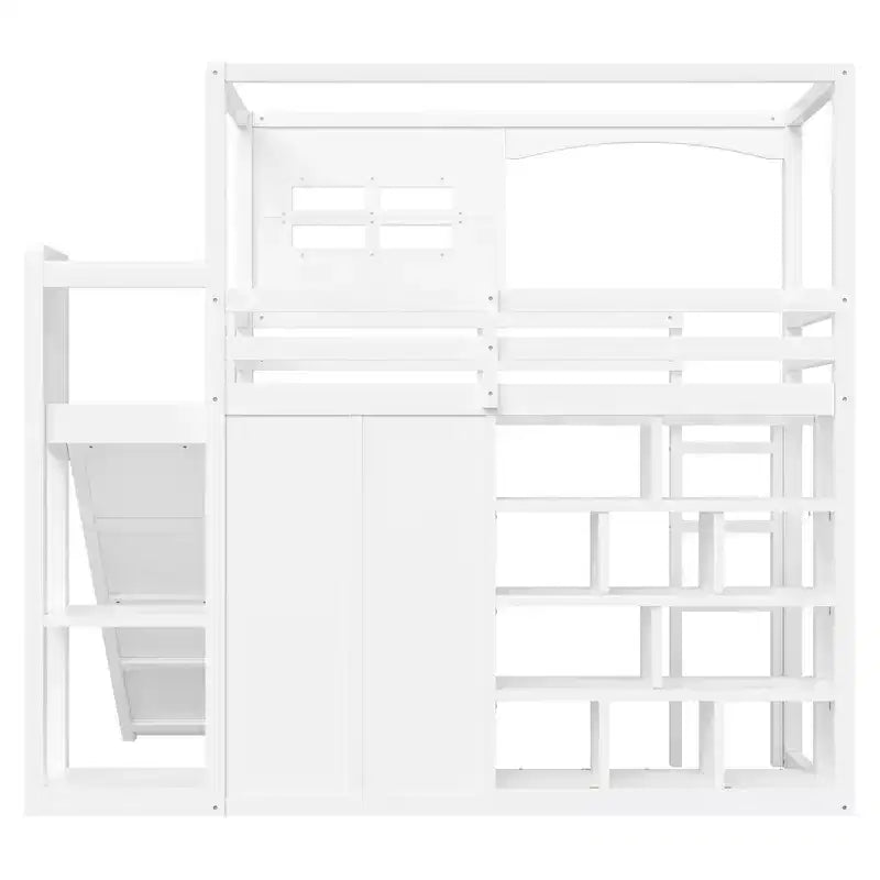Twin Size Wood Loft Bed with Wardrobe, Storage Shelves, Slide & 7-Color LED Lights, Sturdy Pine/MDF Frame, White - ModernLuxe