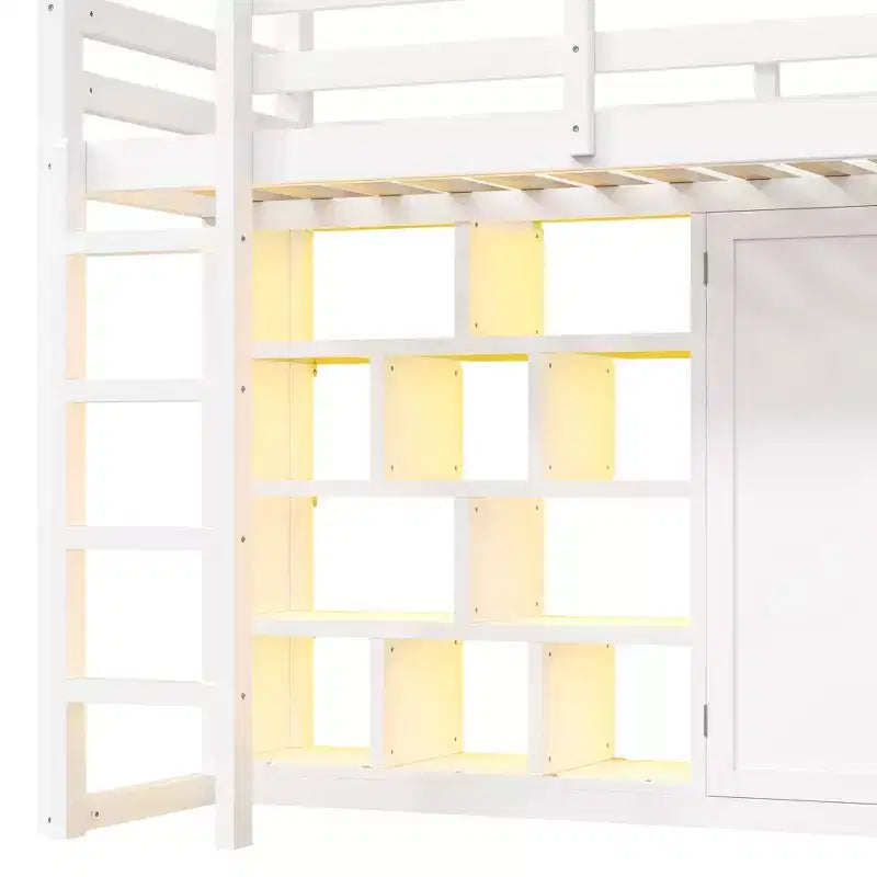 Twin Size Wood Loft Bed with Wardrobe, Storage Shelves, Slide & 7-Color LED Lights, Sturdy Pine/MDF Frame, White - ModernLuxe