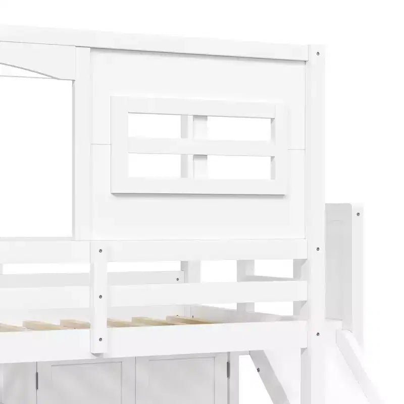 Twin Size Wood Loft Bed with Wardrobe, Storage Shelves, Slide & 7-Color LED Lights, Sturdy Pine/MDF Frame, White - ModernLuxe