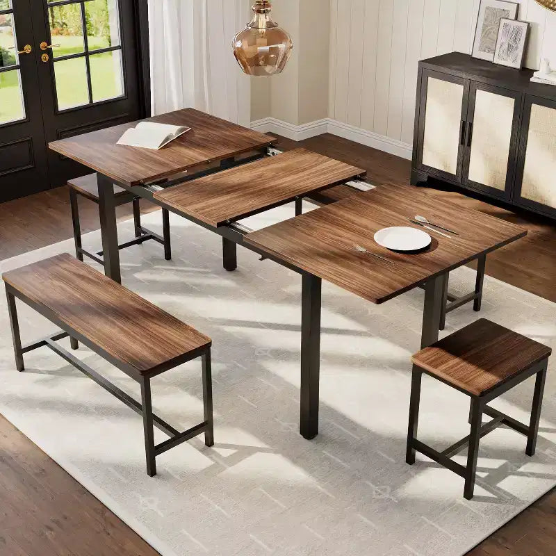 Kitchen Table Set ,Extendable Dining Table with 2 Benches and 2 Square Stools, Kitchen Table for 8 SeatingEasy Assembly