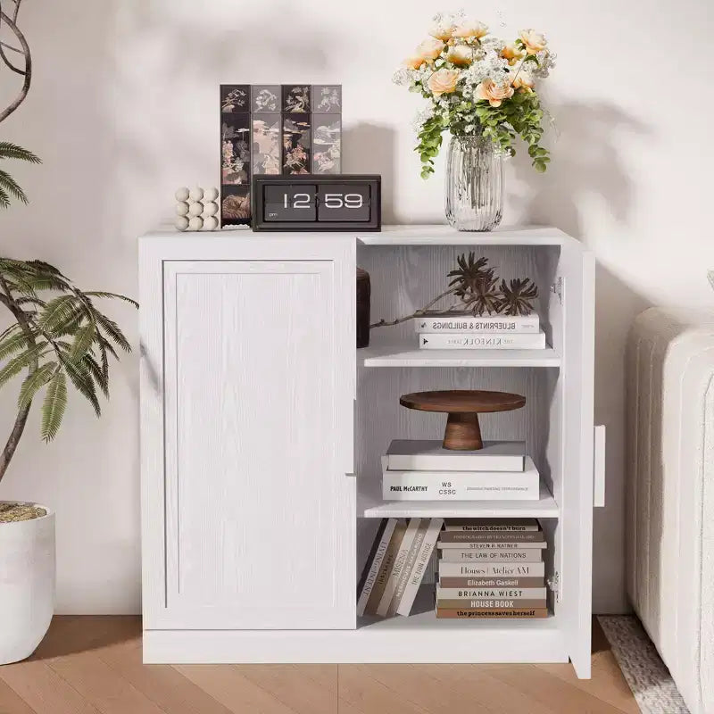 31 in. Tall Wood Grain Storage Cabinet in White, Storage Organizer with 2 Solid Wood Doors for Bedroom Living/Dinning Room