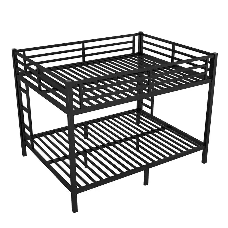 Okak 82.68IN Queen-Over-Queen Bunk Bed with Metal Frame, Space-Saving Twin Bed with Safety Guardrails, Noise Reduced Twin Bed for Teens, Adults, Black