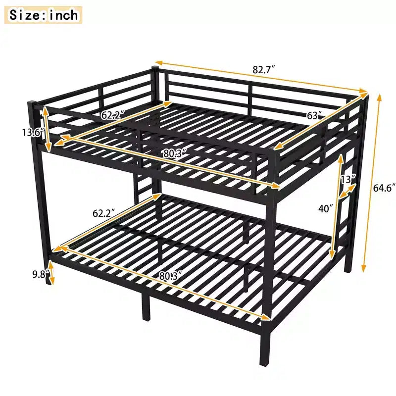 Okak 82.68IN Queen-Over-Queen Bunk Bed with Metal Frame, Space-Saving Twin Bed with Safety Guardrails, Noise Reduced Twin Bed for Teens, Adults, Black
