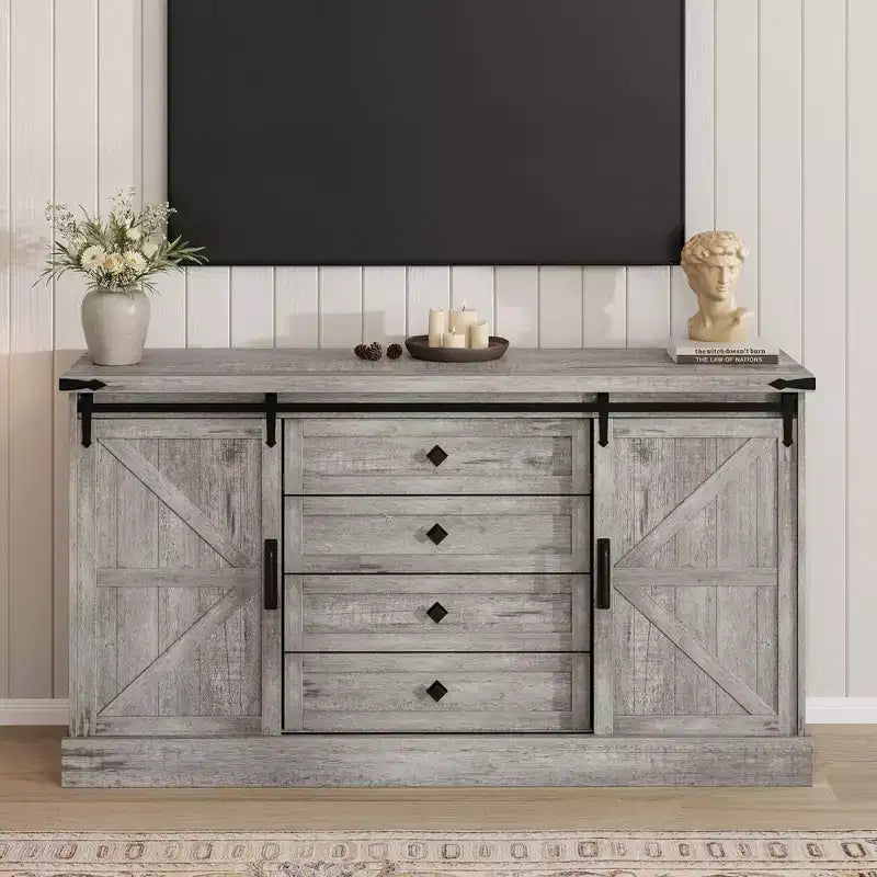 Farmhouse Sideboard with 4 Drawers and Sliding Barn Doors, 59 Inch Wide Buffet Cabinet for Dining Room and Living Room
