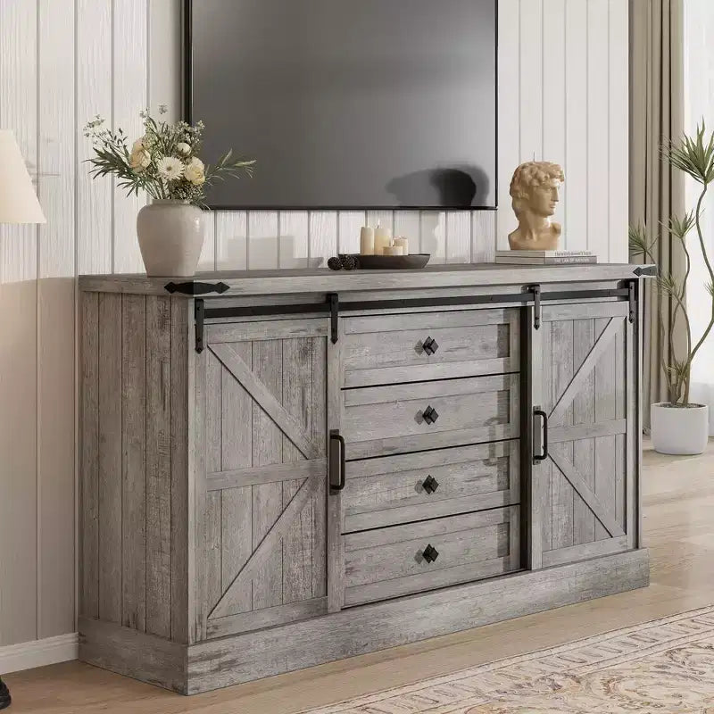 Farmhouse Sideboard with 4 Drawers and Sliding Barn Doors, 59 Inch Wide Buffet Cabinet for Dining Room and Living Room