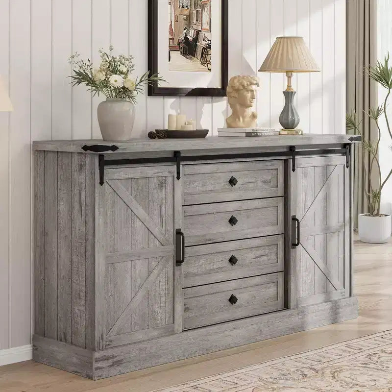 Farmhouse Sideboard with 4 Drawers and Sliding Barn Doors, 59 Inch Wide Buffet Cabinet for Dining Room and Living Room
