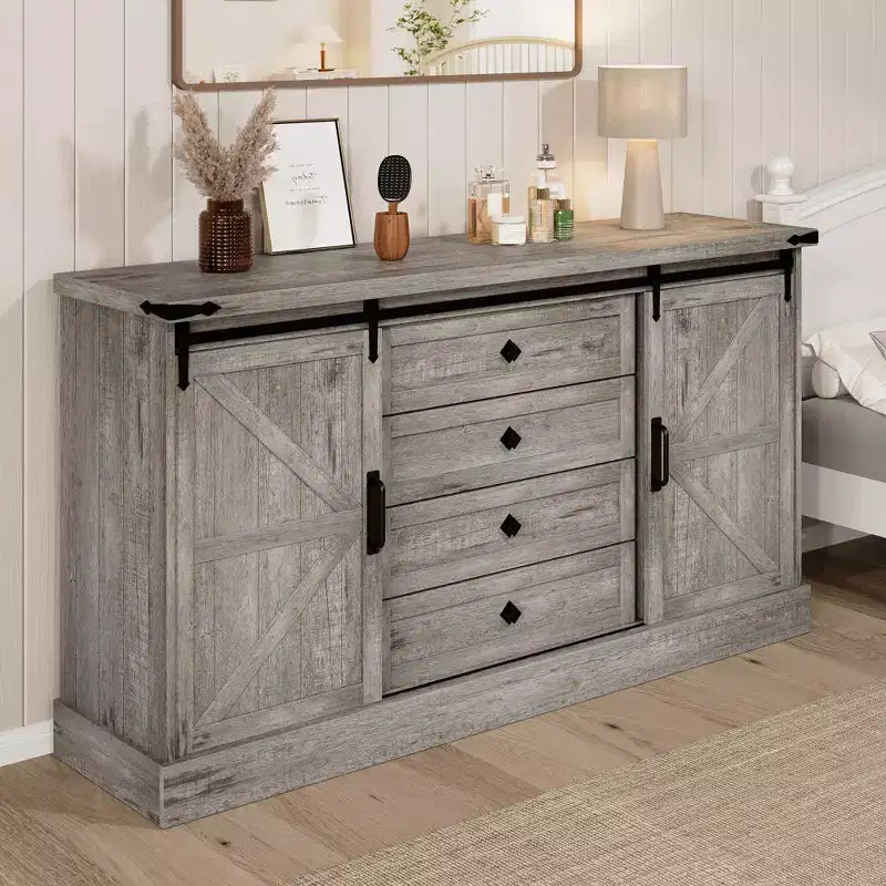 Farmhouse Sideboard with 4 Drawers and Sliding Barn Doors, 59 Inch Wide Buffet Cabinet for Dining Room and Living Room