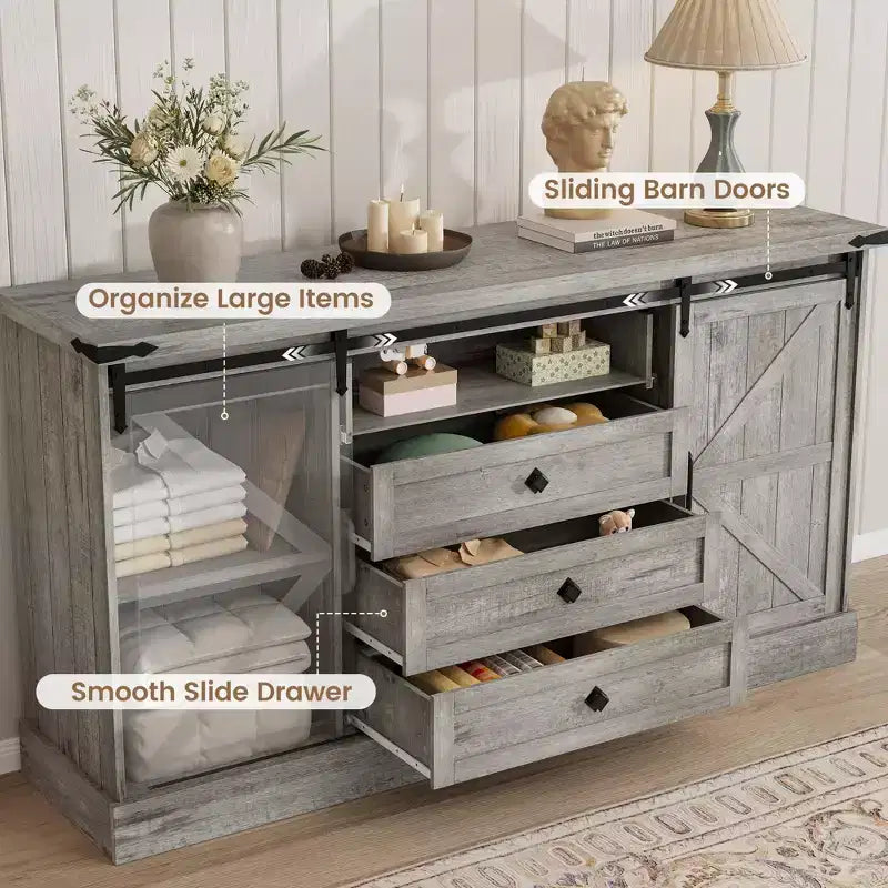 Farmhouse Sideboard with 4 Drawers and Sliding Barn Doors, 59 Inch Wide Buffet Cabinet for Dining Room and Living Room