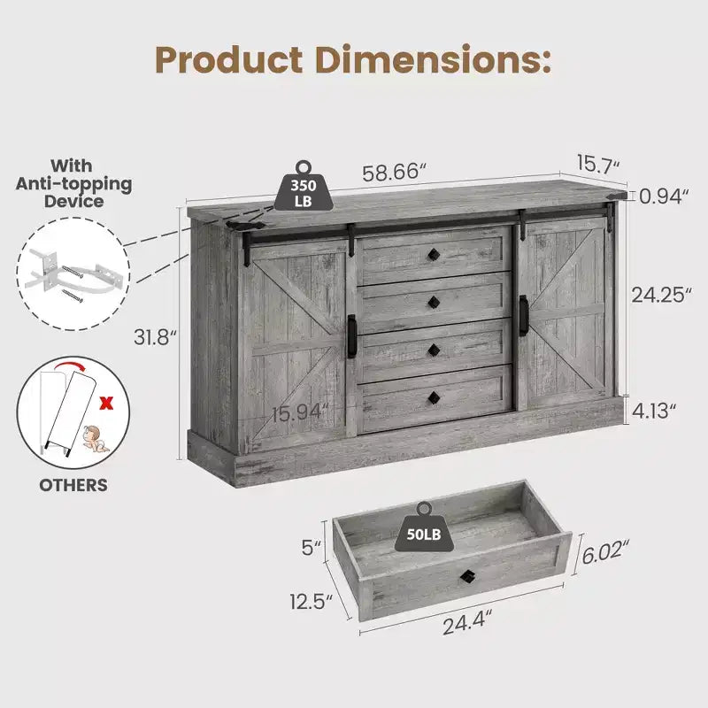 Farmhouse Sideboard with 4 Drawers and Sliding Barn Doors, 59 Inch Wide Buffet Cabinet for Dining Room and Living Room