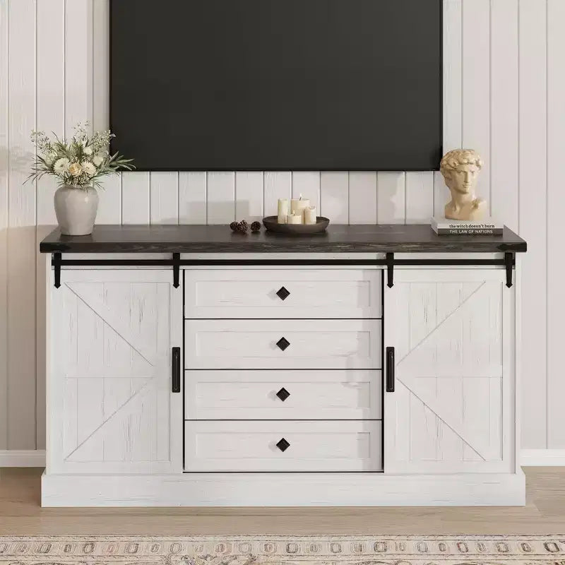 Farmhouse Sideboard with 4 Drawers and Sliding Barn Doors, 59 Inch Wide Buffet Cabinet for Dining Room and Living Room
