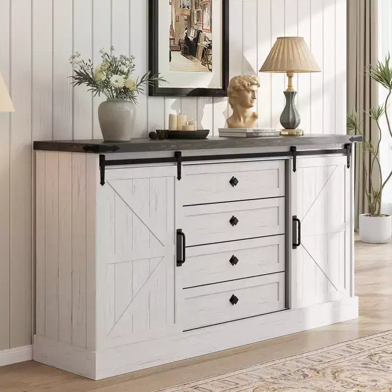 Farmhouse Sideboard with 4 Drawers and Sliding Barn Doors, 59 Inch Wide Buffet Cabinet for Dining Room and Living Room