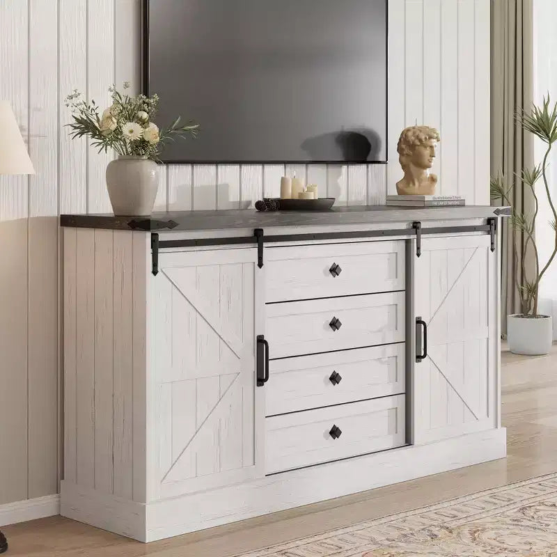 Farmhouse Sideboard with 4 Drawers and Sliding Barn Doors, 59 Inch Wide Buffet Cabinet for Dining Room and Living Room