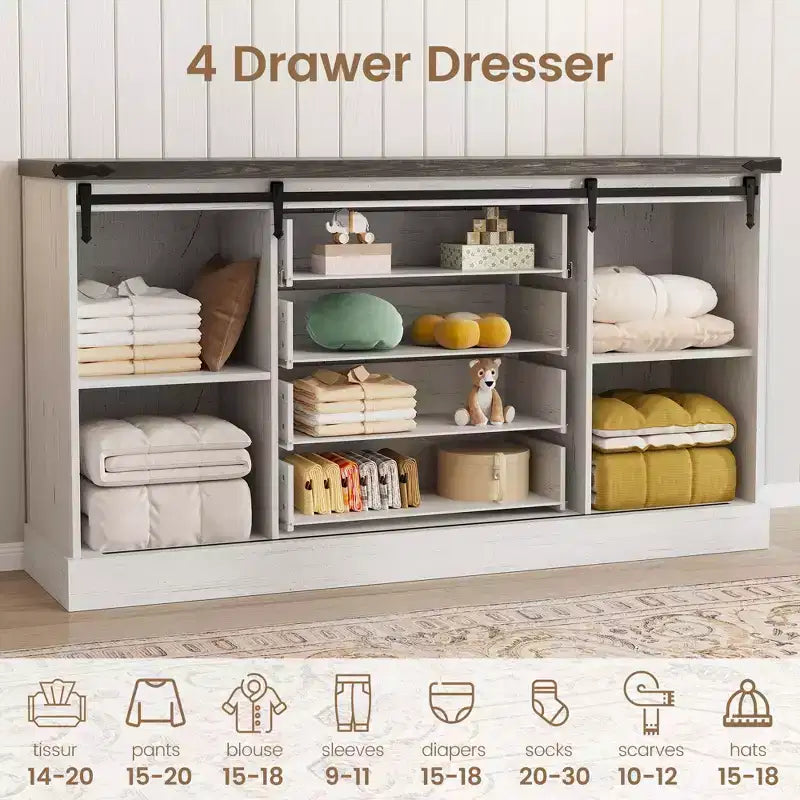 Farmhouse Sideboard with 4 Drawers and Sliding Barn Doors, 59 Inch Wide Buffet Cabinet for Dining Room and Living Room