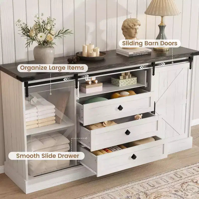 Farmhouse Sideboard with 4 Drawers and Sliding Barn Doors, 59 Inch Wide Buffet Cabinet for Dining Room and Living Room