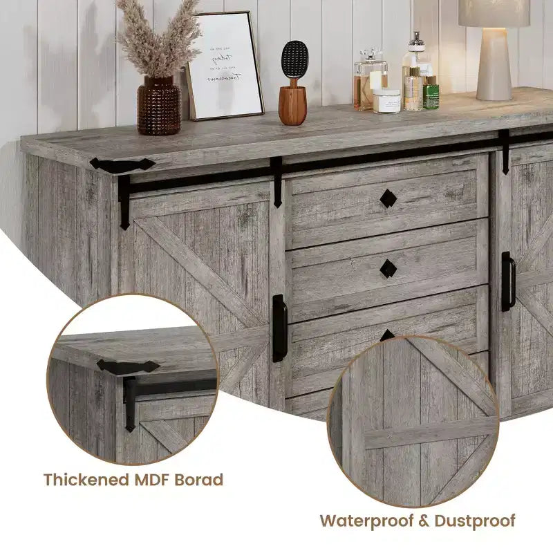 Farmhouse Sideboard with 4 Drawers and Sliding Barn Doors, 59 Inch Wide Buffet Cabinet for Dining Room and Living Room