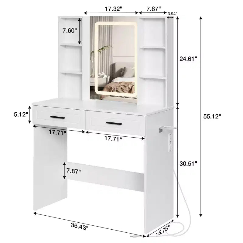 Hommpa Makeup Desk Vanity with Charging Station and Storage Shelves White Basic