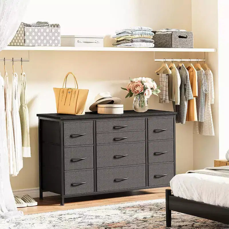Fabric Dresser with 10 Storage Drawer for Bedroom,55 TV Stand with Power Outlet,Sturdy Metal Frame, Wood Tabletop for Guest Room, Closet, Entryway