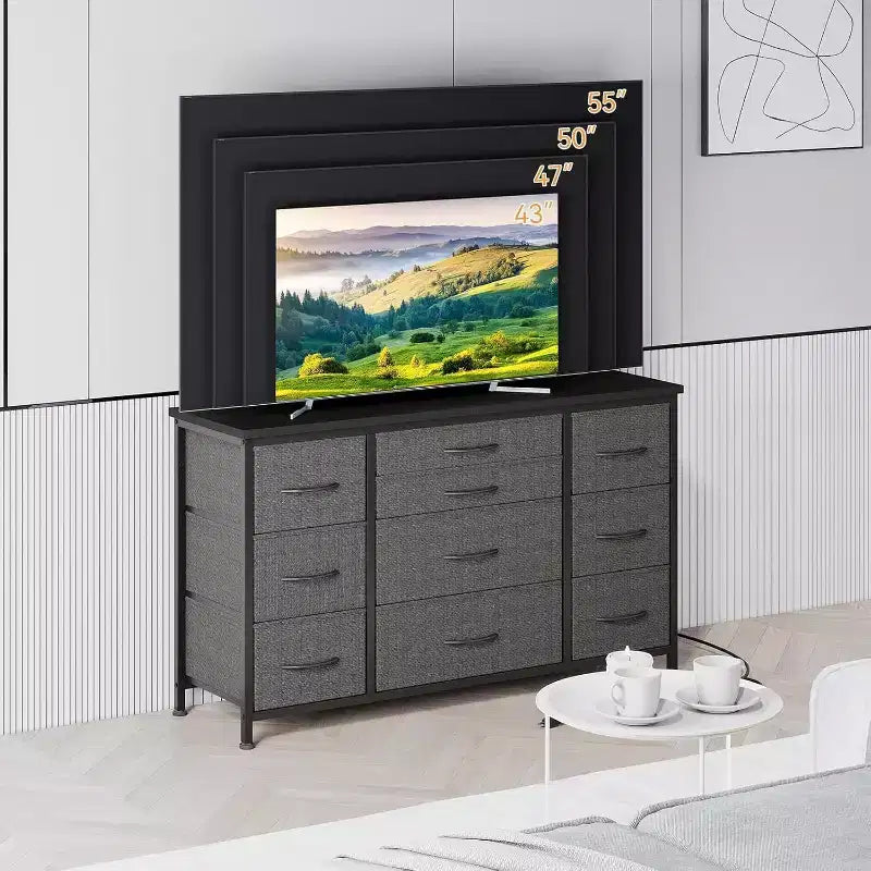 Fabric Dresser with 10 Storage Drawer for Bedroom,55 TV Stand with Power Outlet,Sturdy Metal Frame, Wood Tabletop for Guest Room, Closet, Entryway