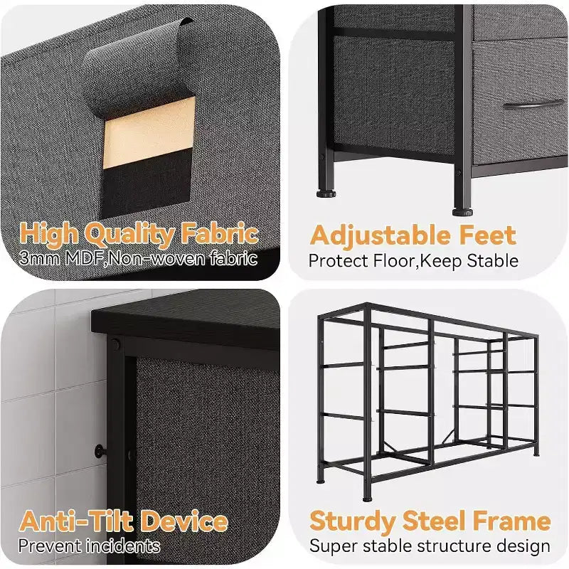 Fabric Dresser with 10 Storage Drawer for Bedroom,55 TV Stand with Power Outlet,Sturdy Metal Frame, Wood Tabletop for Guest Room, Closet, Entryway