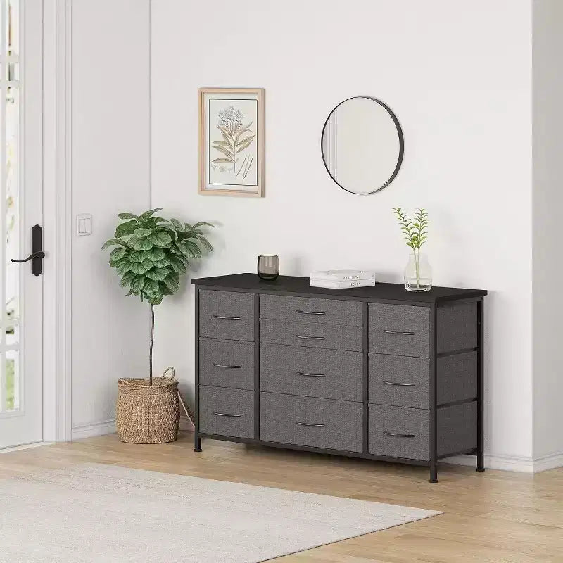 Fabric Dresser with 10 Storage Drawer for Bedroom,55 TV Stand with Power Outlet,Sturdy Metal Frame, Wood Tabletop for Guest Room, Closet, Entryway