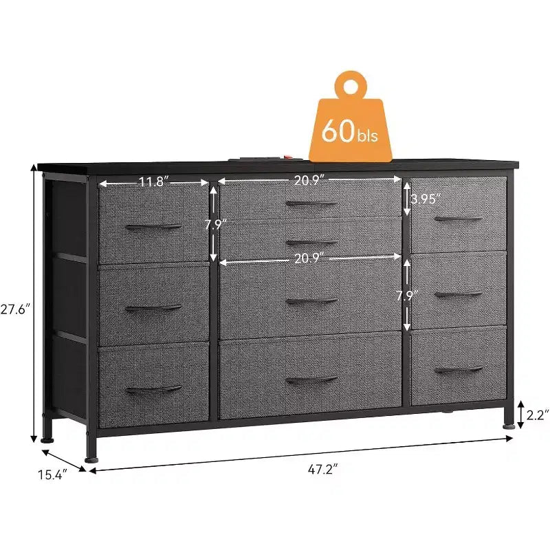 Fabric Dresser with 10 Storage Drawer for Bedroom,55 TV Stand with Power Outlet,Sturdy Metal Frame, Wood Tabletop for Guest Room, Closet, Entryway