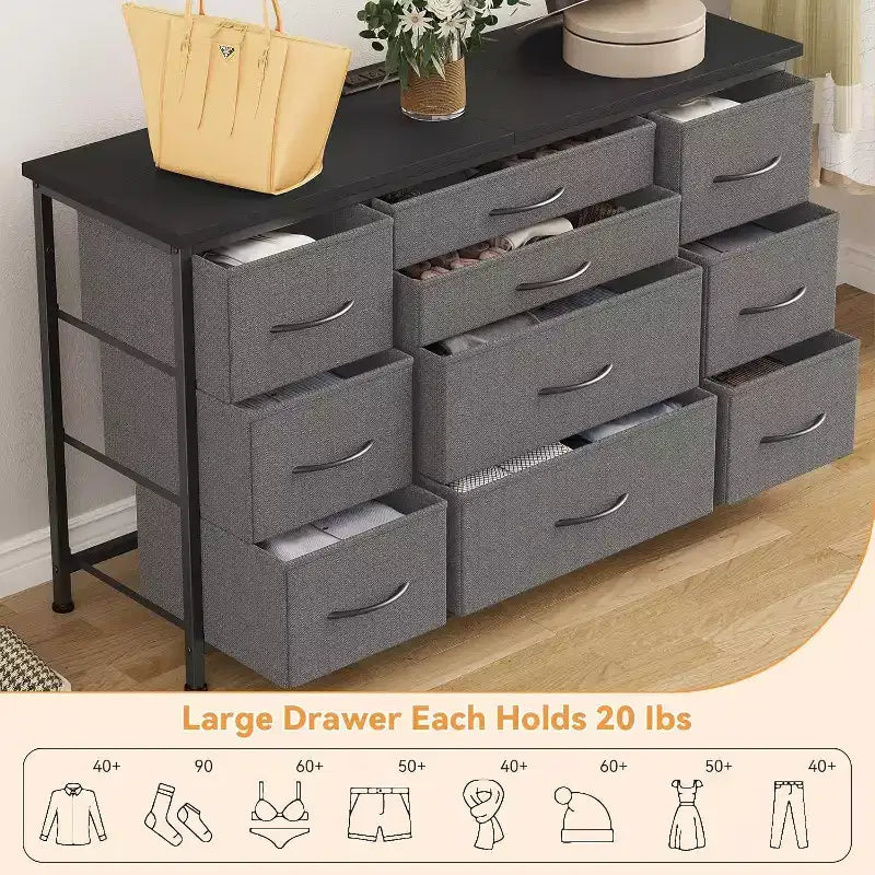 Fabric Dresser with 10 Storage Drawer for Bedroom,55 TV Stand with Power Outlet,Sturdy Metal Frame, Wood Tabletop for Guest Room, Closet, Entryway