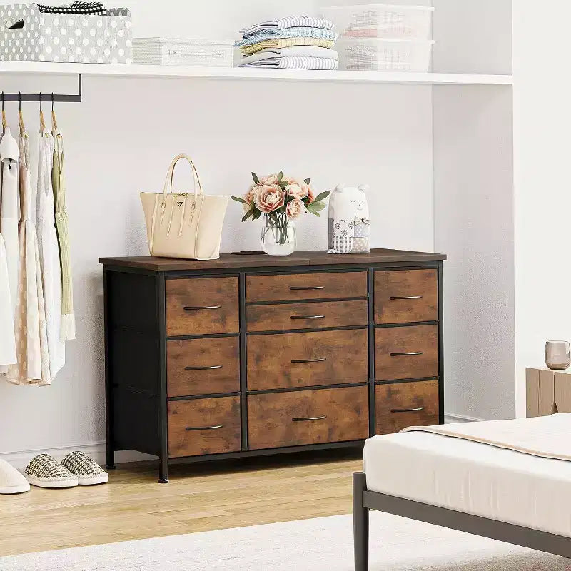 Fabric Dresser with 10 Storage Drawer for Bedroom,55 TV Stand with Power Outlet,Sturdy Metal Frame, Wood Tabletop for Guest Room, Closet, Entryway