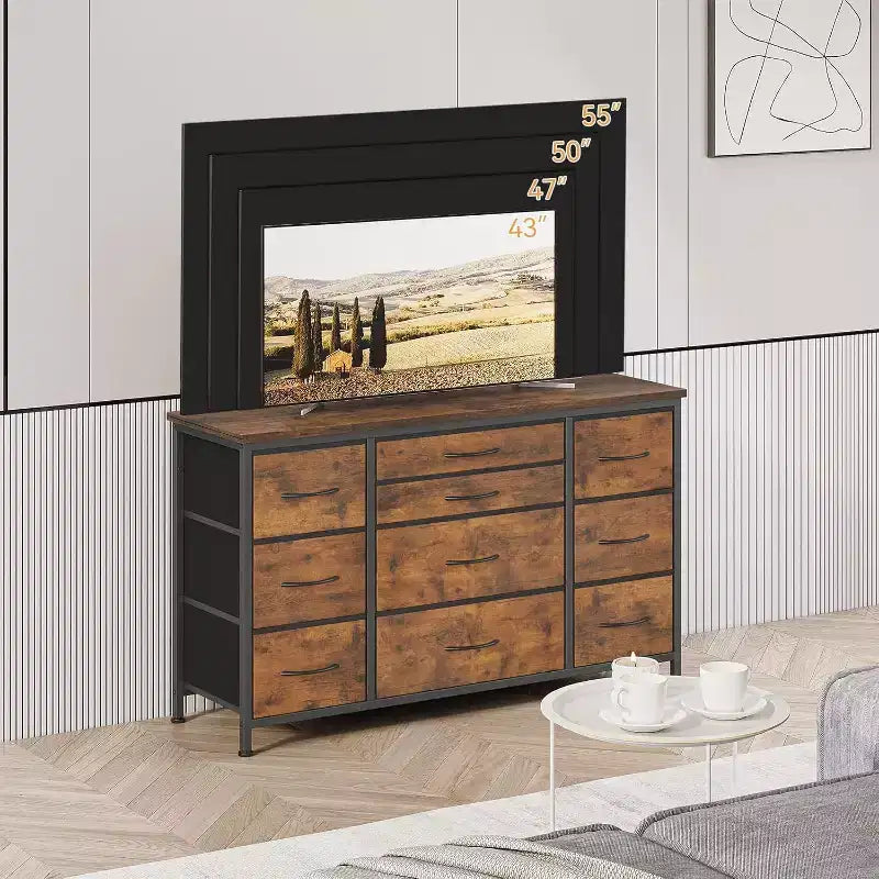 Fabric Dresser with 10 Storage Drawer for Bedroom,55 TV Stand with Power Outlet,Sturdy Metal Frame, Wood Tabletop for Guest Room, Closet, Entryway