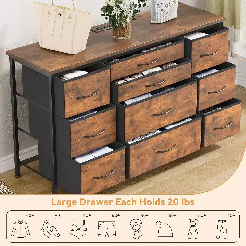 Fabric Dresser with 10 Storage Drawer for Bedroom,55 TV Stand with Power Outlet,Sturdy Metal Frame, Wood Tabletop for Guest Room, Closet, Entryway
