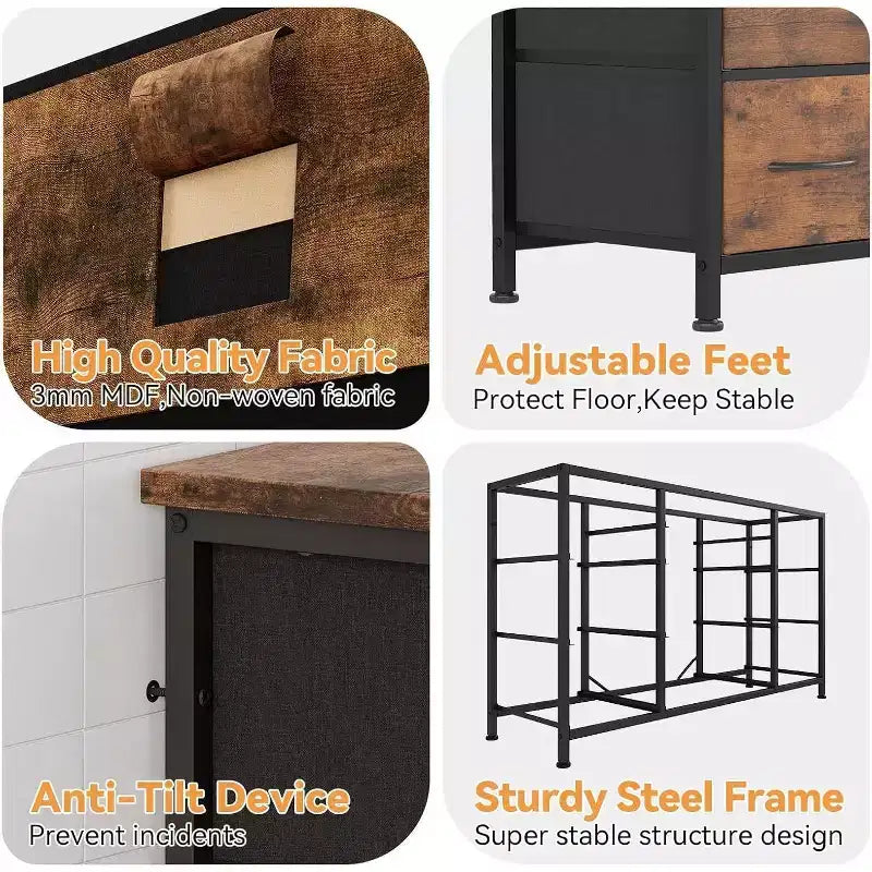 Fabric Dresser with 10 Storage Drawer for Bedroom,55 TV Stand with Power Outlet,Sturdy Metal Frame, Wood Tabletop for Guest Room, Closet, Entryway