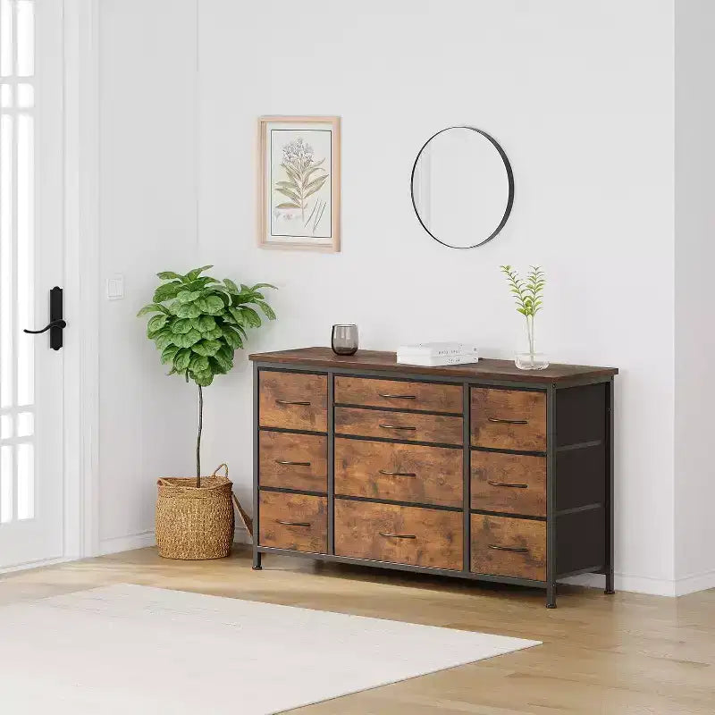 Fabric Dresser with 10 Storage Drawer for Bedroom,55 TV Stand with Power Outlet,Sturdy Metal Frame, Wood Tabletop for Guest Room, Closet, Entryway
