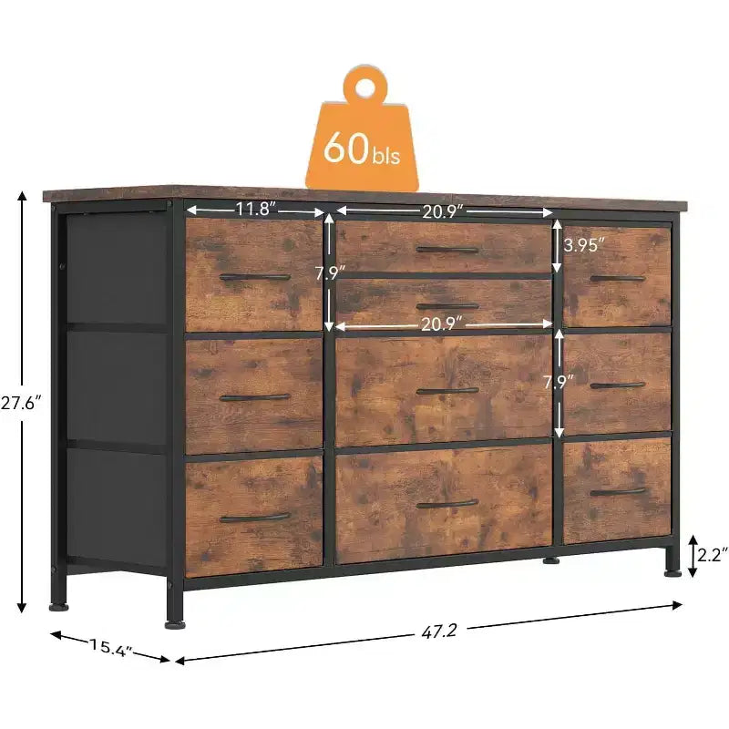 Fabric Dresser with 10 Storage Drawer for Bedroom,55 TV Stand with Power Outlet,Sturdy Metal Frame, Wood Tabletop for Guest Room, Closet, Entryway