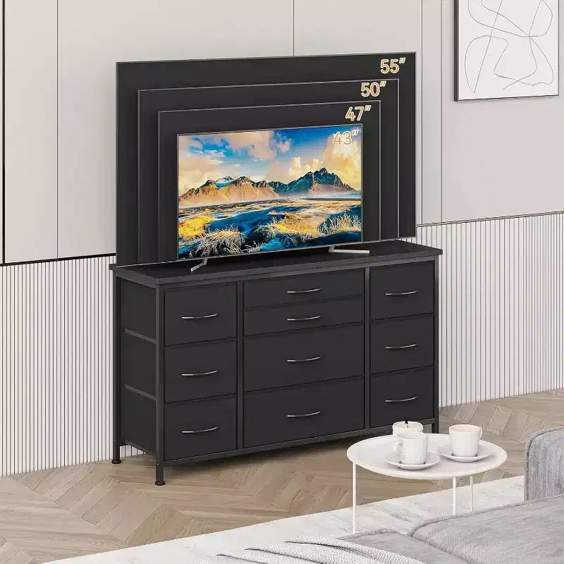 Fabric Dresser with 10 Storage Drawer for Bedroom,55 TV Stand with Power Outlet,Sturdy Metal Frame, Wood Tabletop for Guest Room, Closet, Entryway