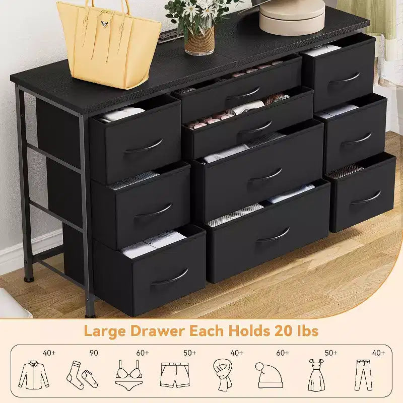 Fabric Dresser with 10 Storage Drawer for Bedroom,55 TV Stand with Power Outlet,Sturdy Metal Frame, Wood Tabletop for Guest Room, Closet, Entryway